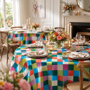 Teal Green Checkered Tablecloth - Colorblock Plaid Dining Table Cover, Summer Kitchen Setting, Preppy Maximalist Decor, Picnic Brunch Linen