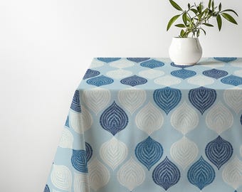 Powder Blue Paisley Tablecloth - Navy Leaf Kitchen Table Cover, Summer Coastal Dining Decor, Beach House Cottage Linen, Hostess Gift