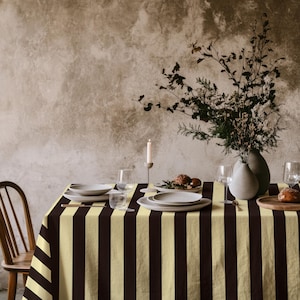 Brown Ivory Striped Tablecloth - Cabana Table Linen, Rectangular Dining Cover, Farmhouse Breakfast Setting, Housewarming Hostess Gift