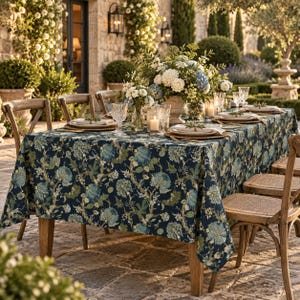 May include: A rectangular dining table covered with a dark blue tablecloth featuring a repeating pattern of light blue and green floral motifs. The table is set with white plates, clear glassware, and a large central floral arrangement.