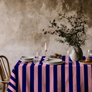 Pink Blue Striped Tablecloth - Awning Table Linen, Rectangular Dining Cover, Coastal Breakfast Styling, Housewarming Hostess Gift