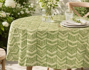 Olive Chevron Tischdecke - Grüne Ikat Esstisch Abdeckung, Garten Brunch Küchen Dekor, Japandi Essstil, Naturliebhaber-Gastgeschenk