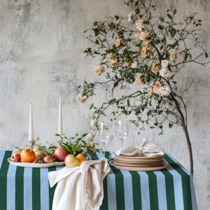 Green Striped Tablecloth - Sky Blue Cabana Dining Linen, Rectangular Kitchen Cover, Coastal Brunch Setting, Summer Hostess Present