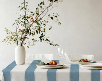 Mantel a rayas azul marfil - Cubremesa azul cielo, decoración de comedor de verano, ropa de cocina de estilo costero, regalo para anfitriona de inauguración de casa