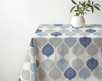 Blue Leaf Medallion Tablecloth - Coastal Botanical Table Cover, Summer Brunch Kitchen Decor, Lake House Dining Linen, Beach Host Gift