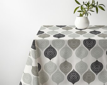 Black Leaf Motif Tablecloth - Monochrome Botanical Dining Table Cover, Modern Dinner Party Decor, Scandinavian Farmhouse Linen, Host Gift