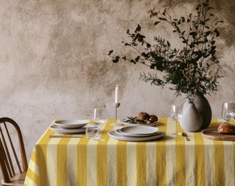 Buttergelb gestreifte Tischdecke - modernes sonniges Esszimmerleinen für den Frühlings-Brunch-Tisch, französische Landküchendekoration, Oster-Gastgebendgeschenk