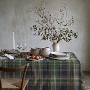 Forest Green Tartan Tablecloth - Navy Plaid Table Cover, Winter Dining Room Decor, Highland Lodge Kitchen Linen, Cabin Supper Accent