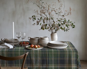 Forest Green Tartan Tablecloth - Navy Plaid Table Cover, Winter Dining Room Decor, Highland Lodge Kitchen Linen, Cabin Supper Accent