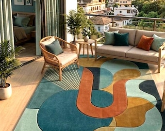 Tappeto astratto geometrico in tela, stile moderno, di metà secolo, contemporaneo, di grande impatto, per la decorazione della casa.
