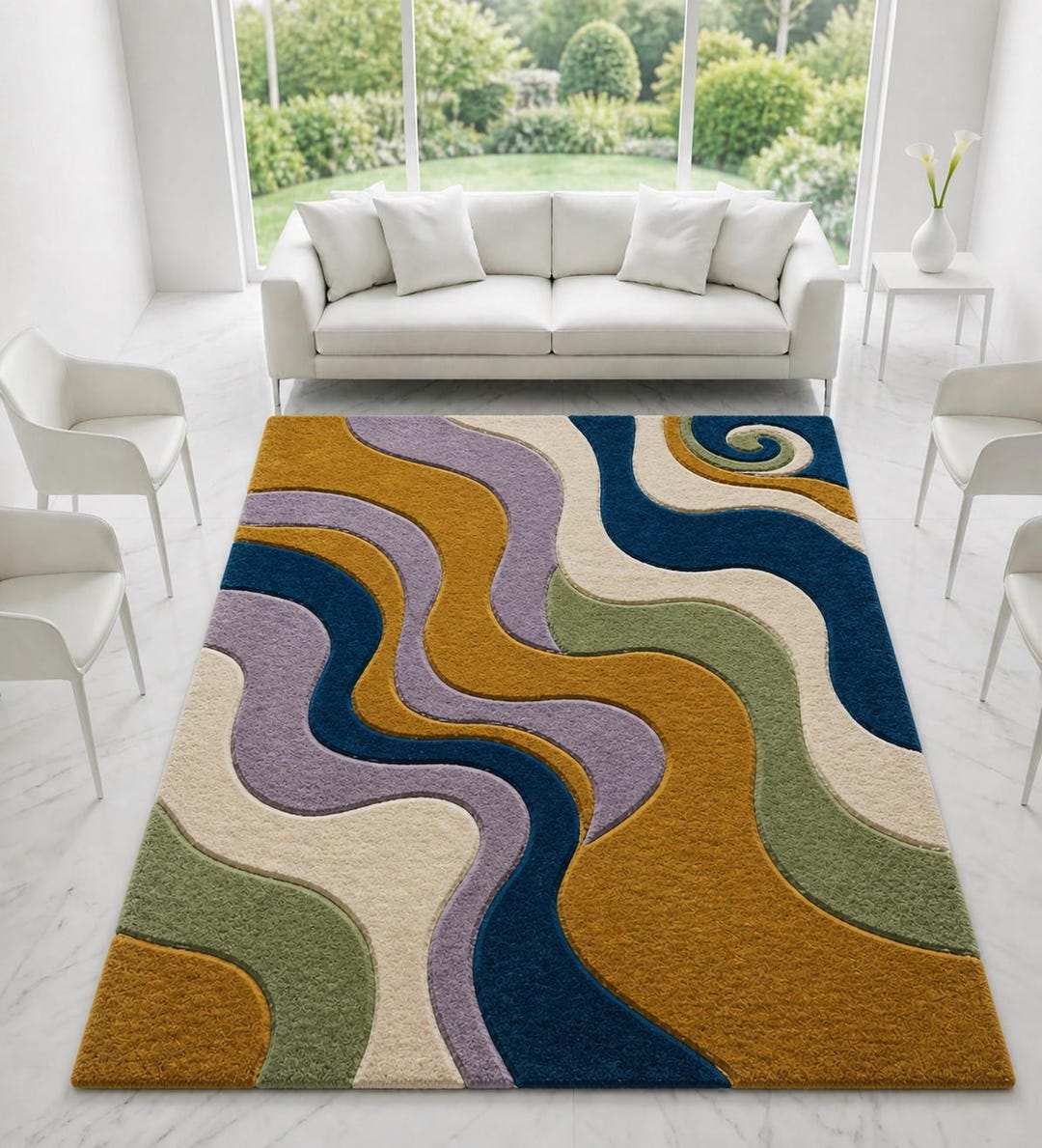 Wool Wave Rug Hand Tufted Wool Abstract Wave Rug Retro Modern Area Carpet, Living ...