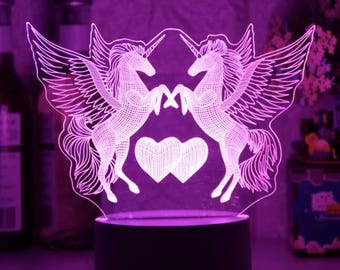 Lampa iluzyjna 3D w kształcie serca z podwójnym jednorożcem, lampka nocna LED do pokoju dziecięcego