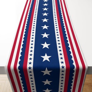 May include: A rectangular table runner featuring a central navy blue panel with a vertical row of white stars. The design includes flanking white scalloped borders, followed by bold red stripes and thin white stripes along the outer edges.