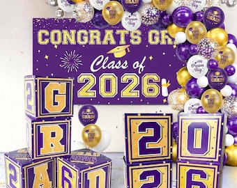 2026 Abschlussdekorationen Klasse, 2026 GRAD Ballonboxen mit Buchstaben, Congrats Grad Banner, Fotohintergrund für College School Event