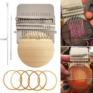May include: A metal weaving loom with a wooden base and a set of needles and rubber bands. The loom is silver and has a series of hooks for holding the yarn. The wooden base is round and light-colored. The needles are long and thin.