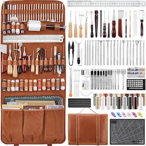 May include: A comprehensive leathercraft tool kit, featuring a variety of tools including punches, needles, and edge bevelers. The kit includes a brown leather carrying case, a cutting mat, and spools of thread. A metal ruler is also included.