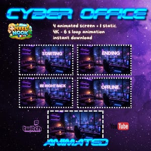 Peut inclure: Image numérique d'un bureau cybernétique avec le texte bleu néon "CYBER OFFICE". L'image comprend quatre écrans animés et un écran statique, avec du texte tel que "STARTING", "ENDING", "BE RIGHT BACK" et "OFFLINE". Les logos de Twitch et YouTube sont également présents.