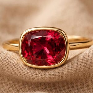 Pode incluir: Um anel de ouro com uma grande pedra preciosa vermelho-escura em lapidação almofada, engastada num aro liso e polido. A banda é fina e circular, feita de um metal amarelo de tons quentes que complementa a pedra central vermelha facetada.