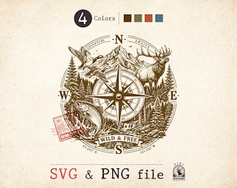 Vintage Outdoor Compass SVG PNG, Wild and Free Mountain Hunting Fishing Adventure Graphic