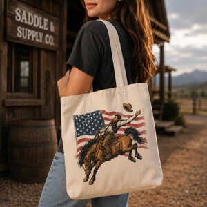 Canvas tote bag mockup with vintage cowboy bucking horse American flag western PNG design for country lifestyle accessories