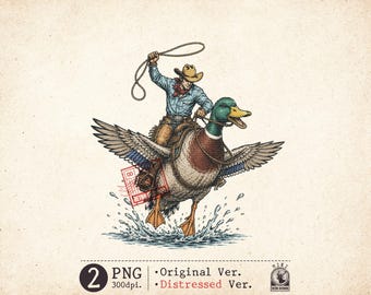 Cowboy Duck PNG Vintage Western Mallard Riding Funny Hunting Sublimation Design