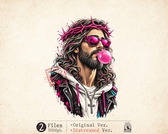 Jesus Bubblegum PNG Christian Pop Art Crown of Thorns Sublimation Faith Graphic Download