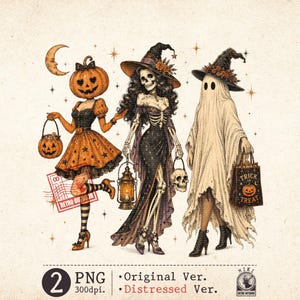 Könnte beinhalten: Eine digitale Illustration mit drei Halloween-Figuren: eine Figur mit Kürbiskopf in einem Kleid, ein Skelett in einem Gewand mit Laterne und ein Geist mit Hut, der eine Tasche mit der Aufschrift TRICK OR TREAT hält. Mit Mondsichel und Sternen.