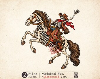 Skeleton Cowboy PNG Western Rodeo Horse Clipart Vintage Halloween Sublimation Design
