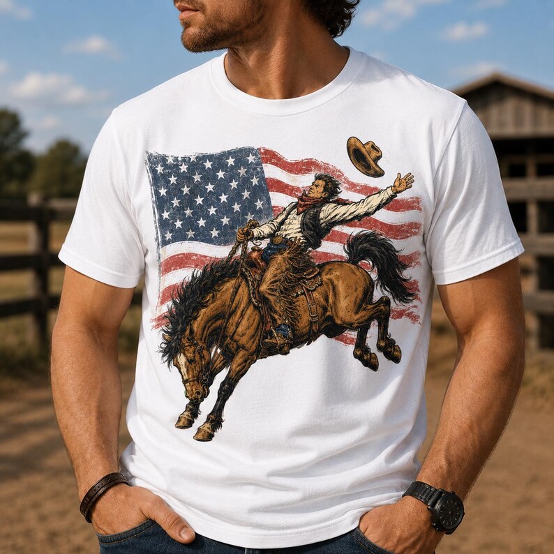 Mockup of white t-shirt featuring vintage cowboy riding horse with American flag western patriotic PNG design for rodeo apparel