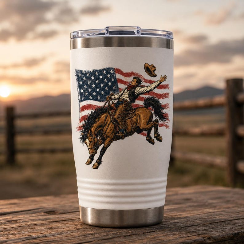 20oz tumbler mockup featuring rustic cowboy rodeo American flag PNG sublimation artwork for patriotic western gifts