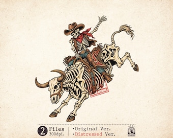 Skeleton Cowboy PNG Rodeo Western Bucking Bull Rider Sublimation Halloween Graphic