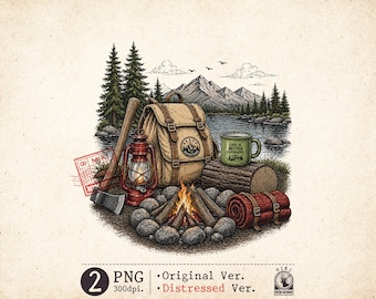 Camping PNG Vintage Outdoor Campfire Backpack Mountain Sublimation Design Distressed Version