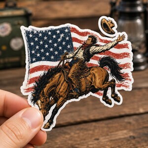 Cowboy western sticker mockup with vintage rodeo horse and American flag patriotic sublimation PNG artwork