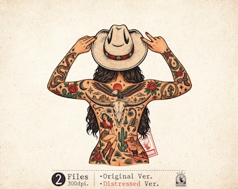 Western Cowgirl PNG Tattooed Woman Sublimation Rodeo Country Western Graphic Digital Download
