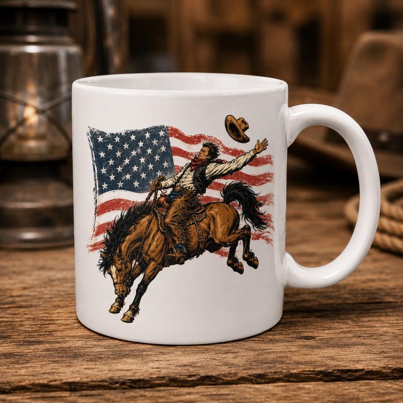 White ceramic mug mockup displaying vintage cowboy riding horse with western American flag PNG design