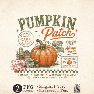 May include: A graphic design featuring a large orange pumpkin with green leaves and a barn. Text includes PUMPKIN PATCH, FARM FRESH DAILY PICKED, SUPPORT LOCAL ALWAYS FRESH, LOCALLY GROWN QUALITY & CARE, PUMPKINS, HAYRIDES, CORN MAZE, HOT CIDER, THANK YOU FOR SUPPORTING LOCAL.