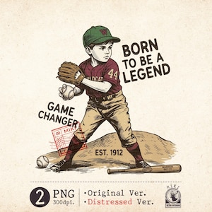Könnte beinhalten: Vintage-Illustration eines jungen Baseballspielers in einem weinroten Trikot mit der Nummer 44, der eine grüne Kappe trägt und einen Baseball und einen Handschuh hält. Text enthält "BORN TO BE A LEGEND" und "GAME CHANGER". Das Bild hat einen Used-Look.