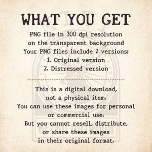 Product information sheet showing included PNG files, original and distressed versions, commercial use terms, and digital download details