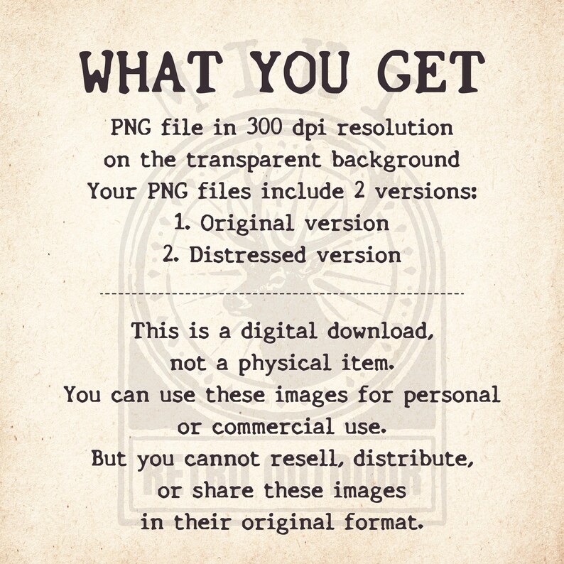 Product information sheet showing included PNG files, original and distressed versions, commercial use terms, and digital download details