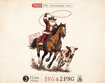 Cowboy Santa Western Christmas SVG PNG, Rodeo Roping Calf Sublimation, Retro Country Holiday Graphic