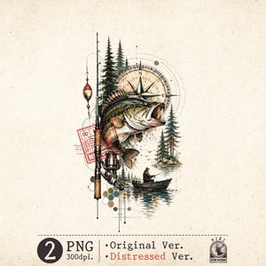 May include: A digital illustration featuring a fishing rod, a jumping bass fish, a compass, pine trees, and a person in a boat. The design includes a red stamp graphic, geometric lines, and text reading 2 PNG 300dpi Original Ver. Distressed Ver.