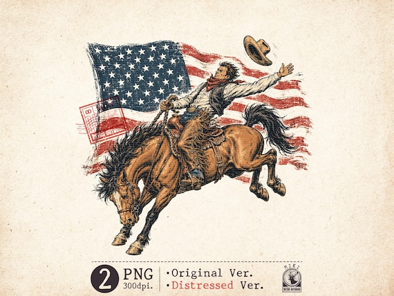 Vintage Cowboy PNG American Flag Rodeo Western Patriotic Sublimation Design