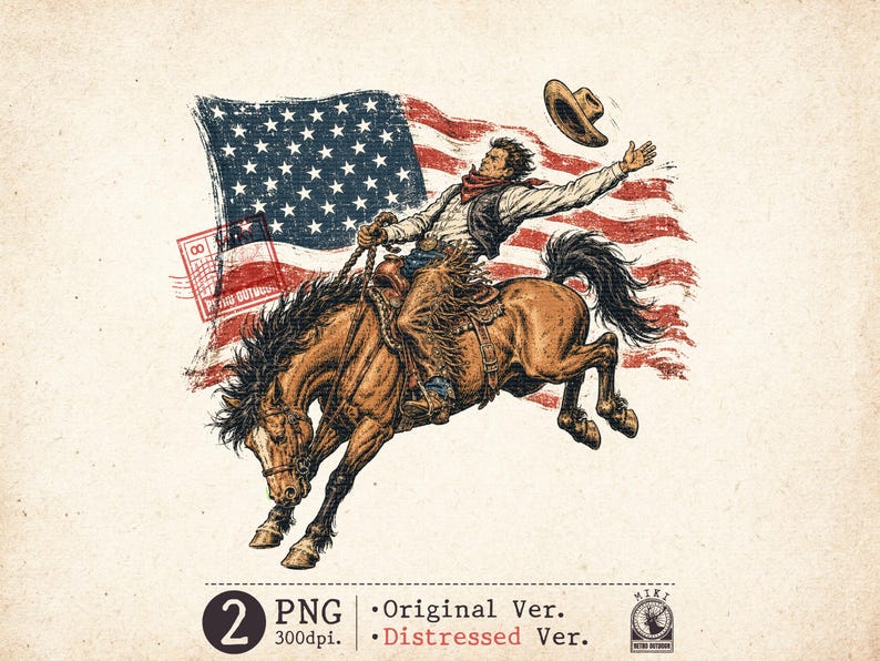 Vintage cowboy riding bucking horse with distressed American flag PNG design, western patriotic rodeo digital download for sublimation and t-shirt printing