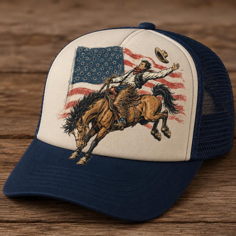 Trucker hat mockup displaying vintage cowboy rodeo horse and distressed American flag PNG design for western apparel