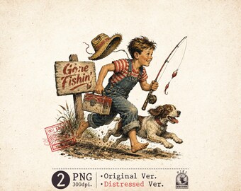 Fishing Boy PNG Vintage Retro Distressed Shirt Design Digital Download