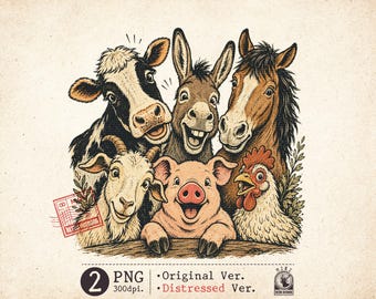 Funny Farm Animals PNG Bundle Vintage Distressed Cow Pig Donkey Chicken Goat