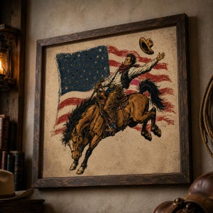 Framed western wall art mockup featuring cowboy riding horse with vintage American flag patriotic rodeo artwork