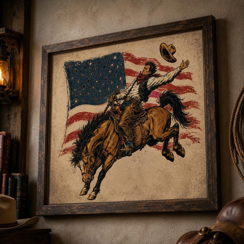 Framed western wall art mockup featuring cowboy riding horse with vintage American flag patriotic rodeo artwork