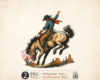 Cowboy PNG Western Rodeo Horse Vintage Sublimation Design Distressed Original Version
