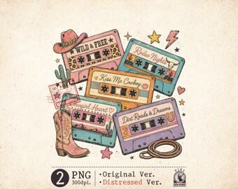Cowgirl Cassette PNG Bundle Retro Western Sublimation Design Distressed Digital Download